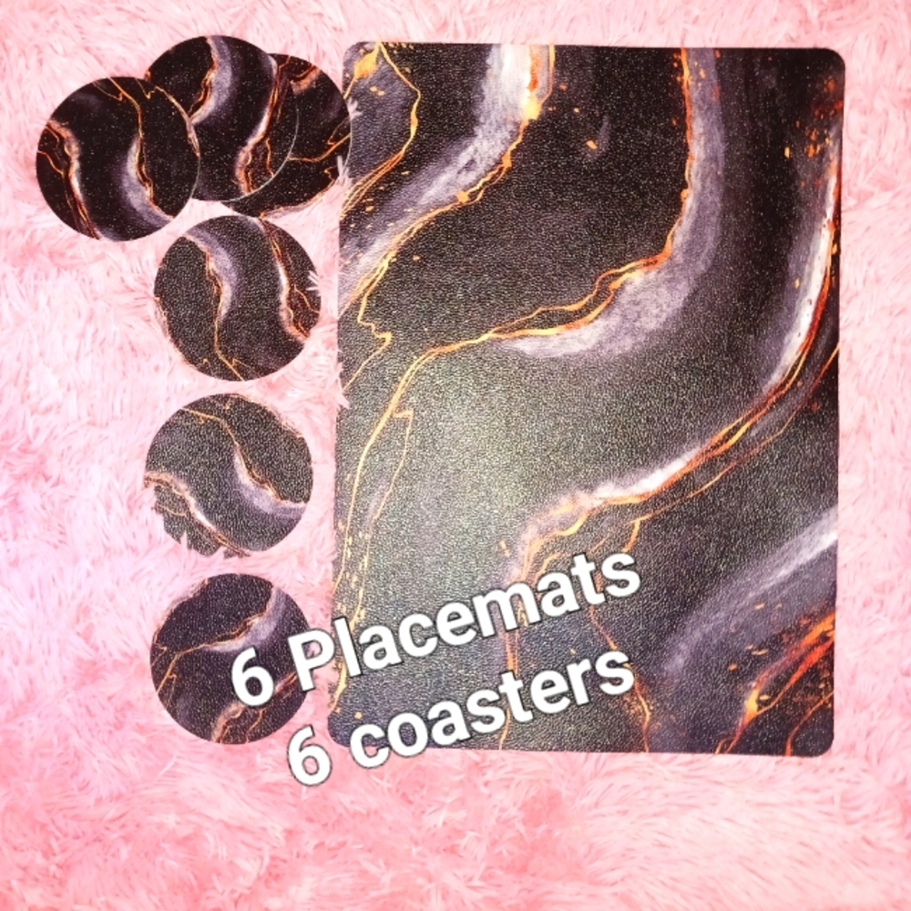 Table Placemats Set of 6 With 6 Coasters, Black Gold Marble, PVC, 16.5" × 12"